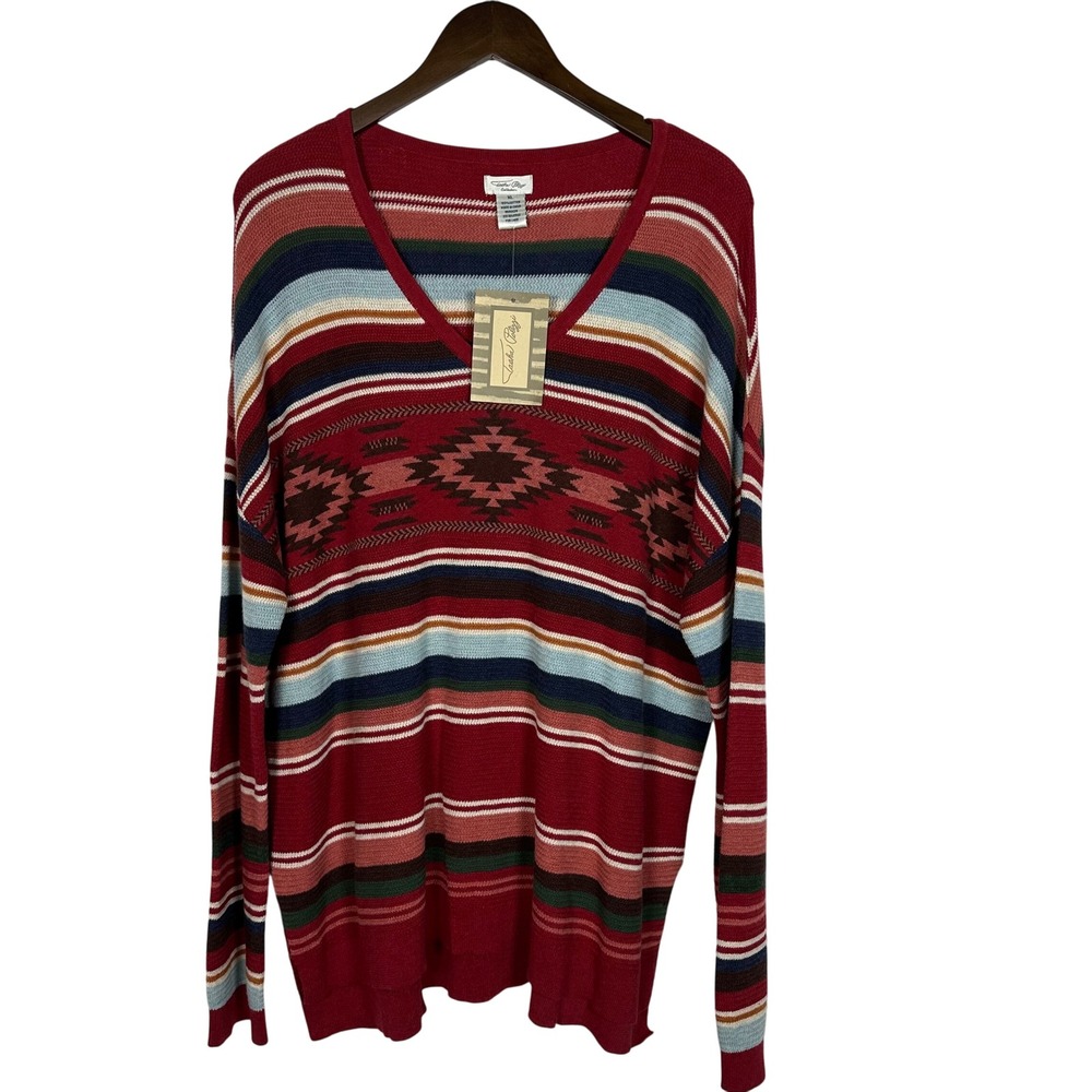 NWT Tasha Polizzi Women's XL V-Neck Cotton Serape Striped Sweater Southwestern